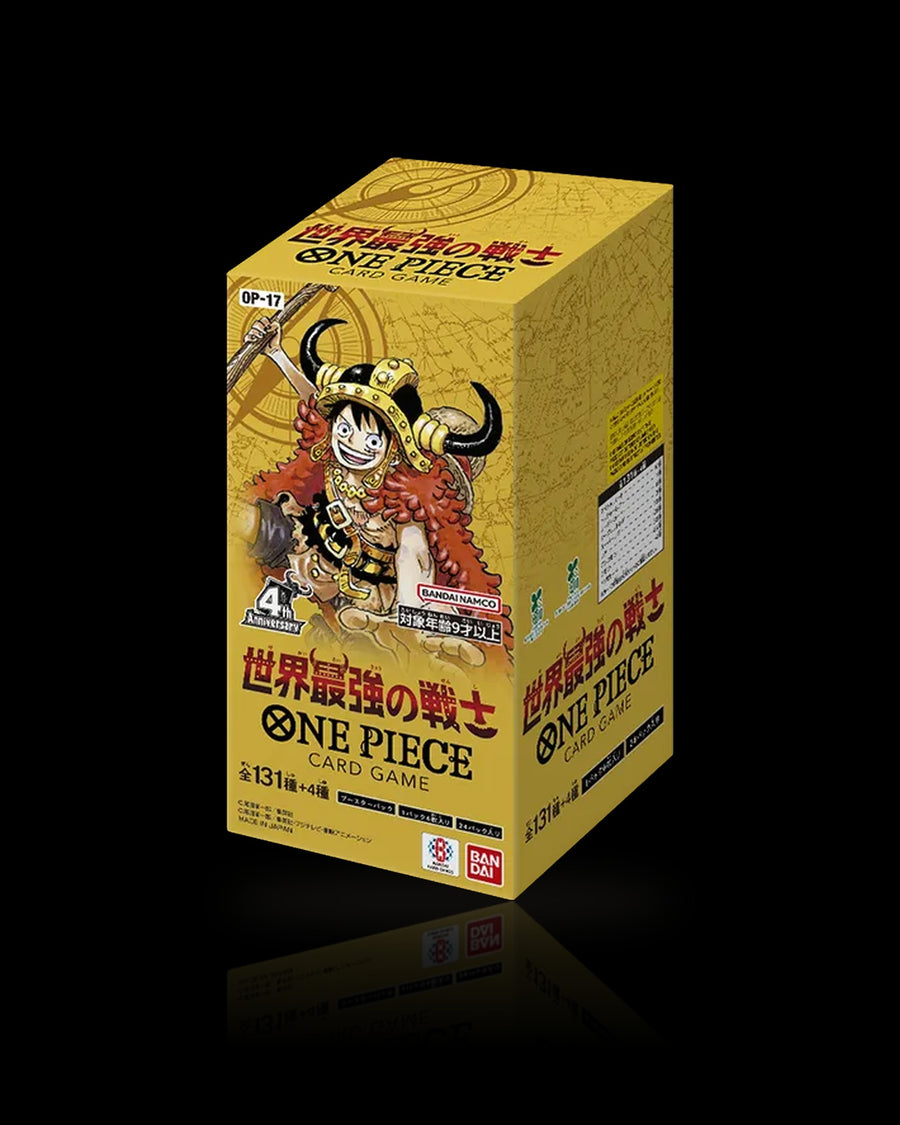 OP-17 The World's Strongest Warriors Booster Display (Japanisch) — Box-Ansicht, schwarzer Hintergrund